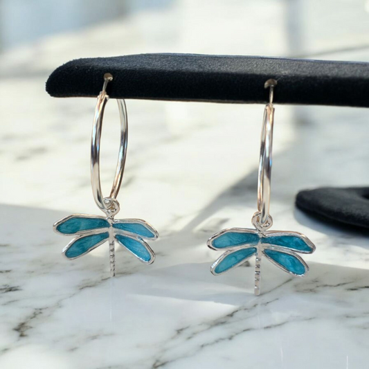 Libélula plata 950 argolla mediana encapsulada azul