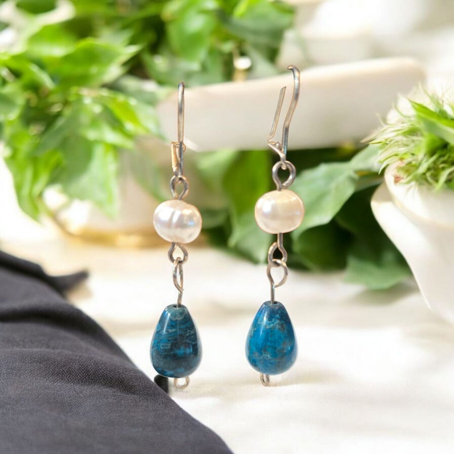 Aros colgantes plata de Apatita y perla de río