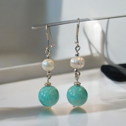 Aros esfera de plata, Amazonita y Perla de río