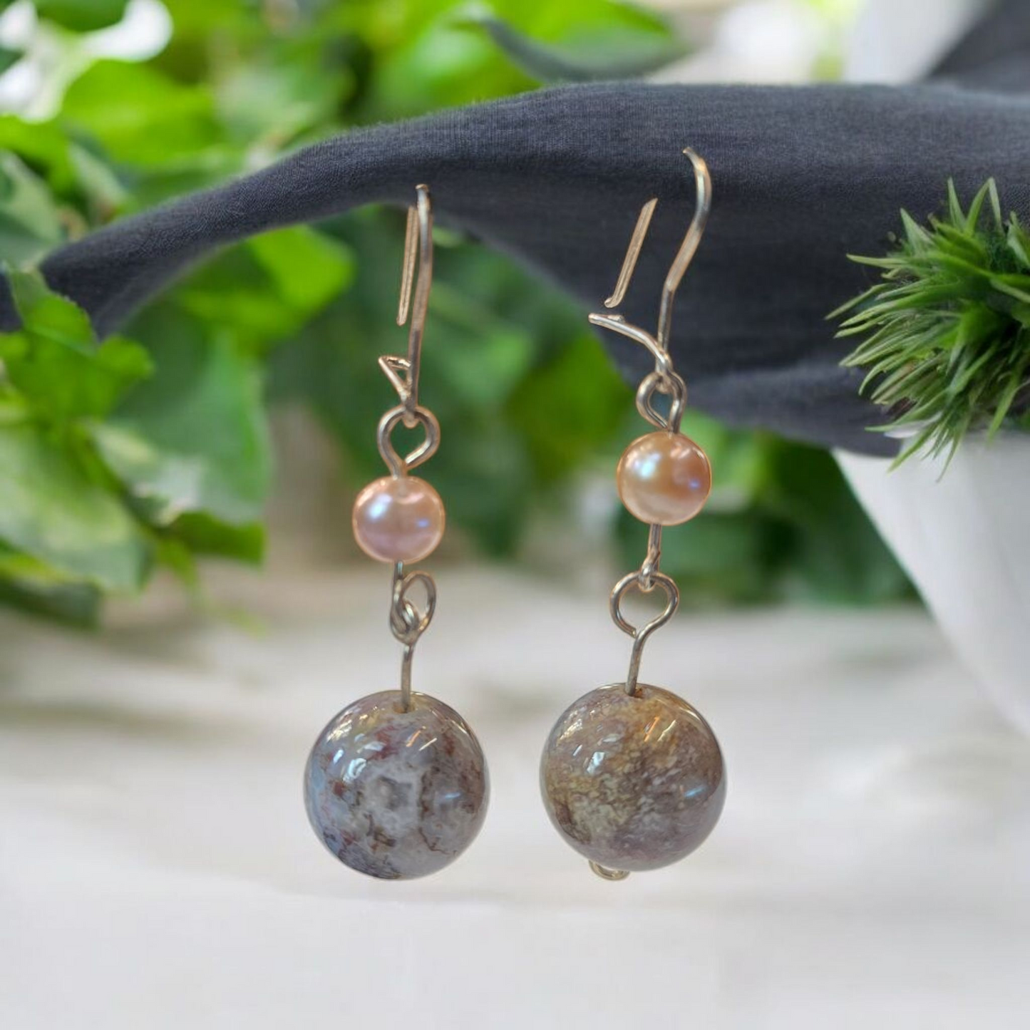 Aros esfera de plata, Agata y Perla de río