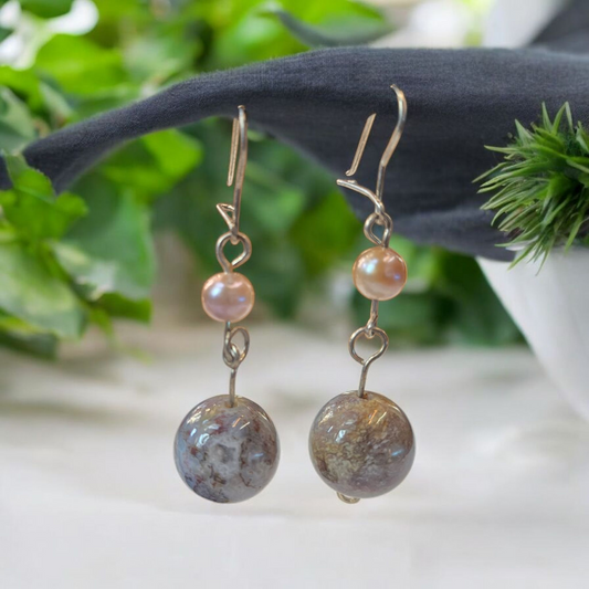 Aros esfera de plata, Agata y Perla de río