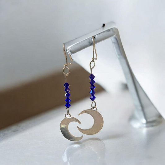 Aros Lunares de plata 950 con cristales azules