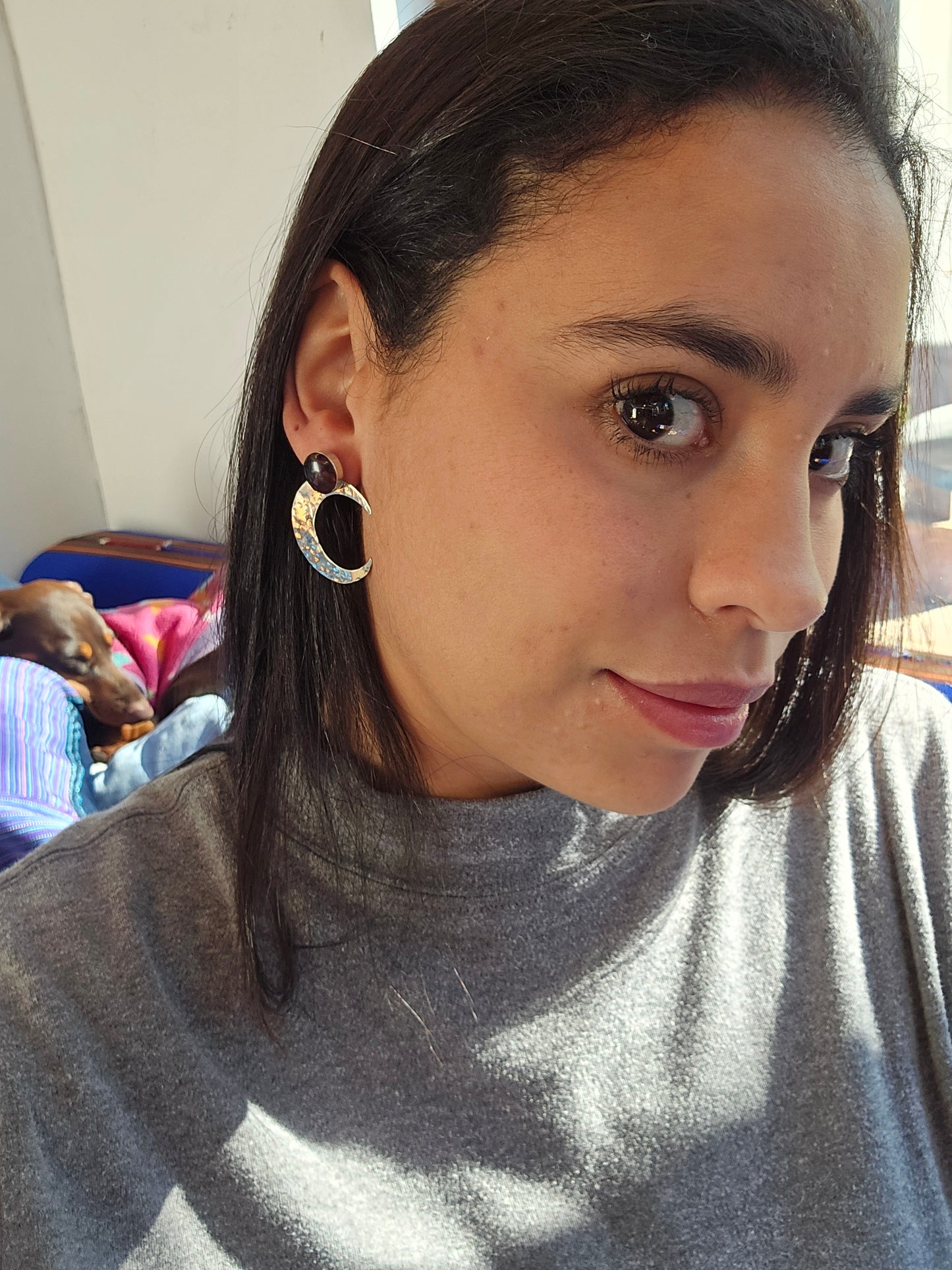 Top Back aros intercambiables GRANDES grande Top Granate en plata y Back Luna en Alpaca