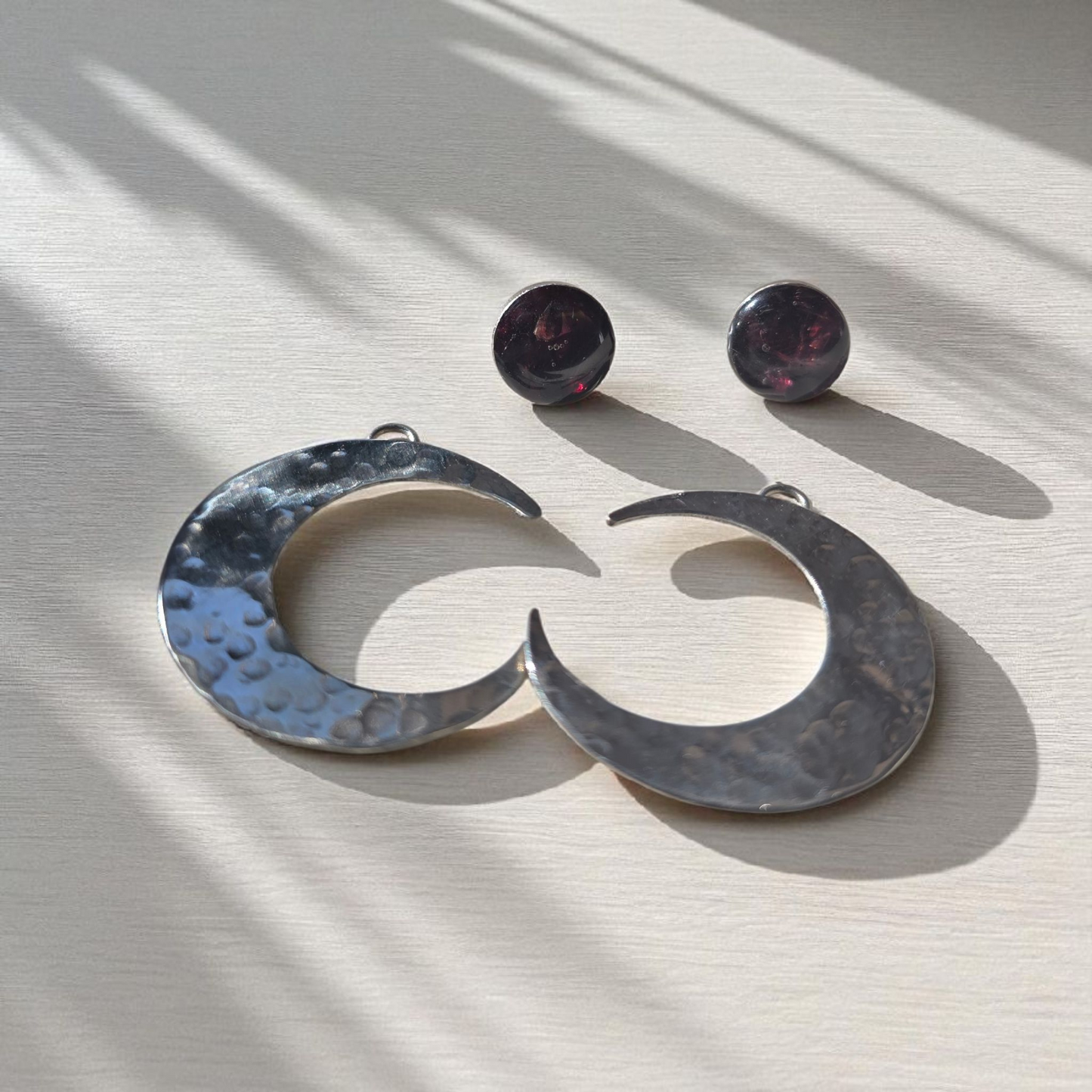 Top Back aros intercambiables GRANDES grande Top Granate en plata y Back Luna en Alpaca