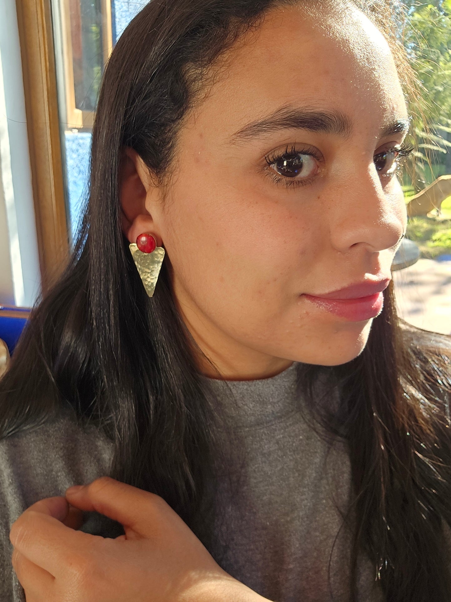 Top Back aros intercambiables GRANDES grande Top coral en plata y Back triangulo en Bronce