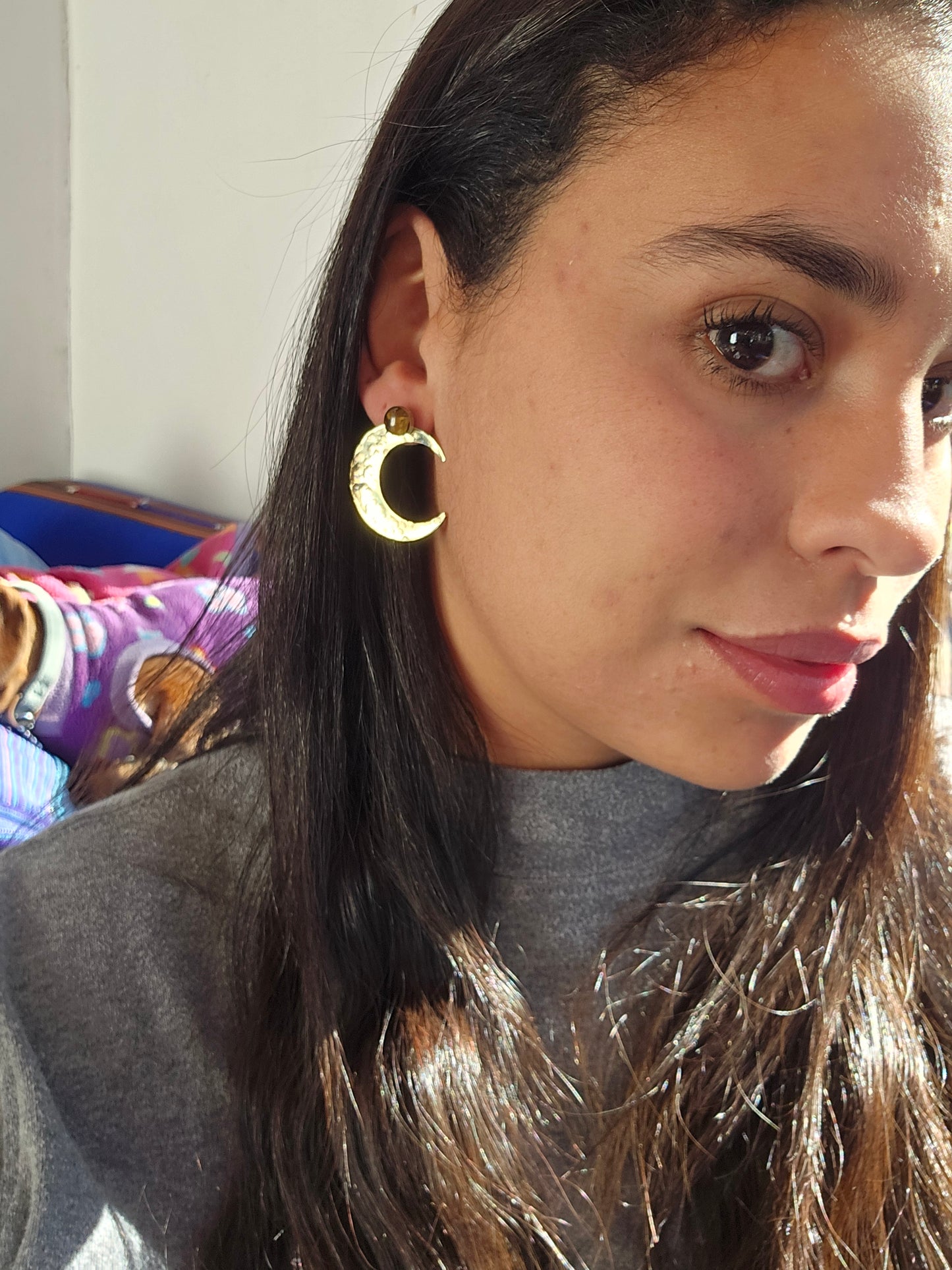 Top Back aros intercambiables GRANDES grande Top Ojo de Tigre en plata y Back Luna en Bronce