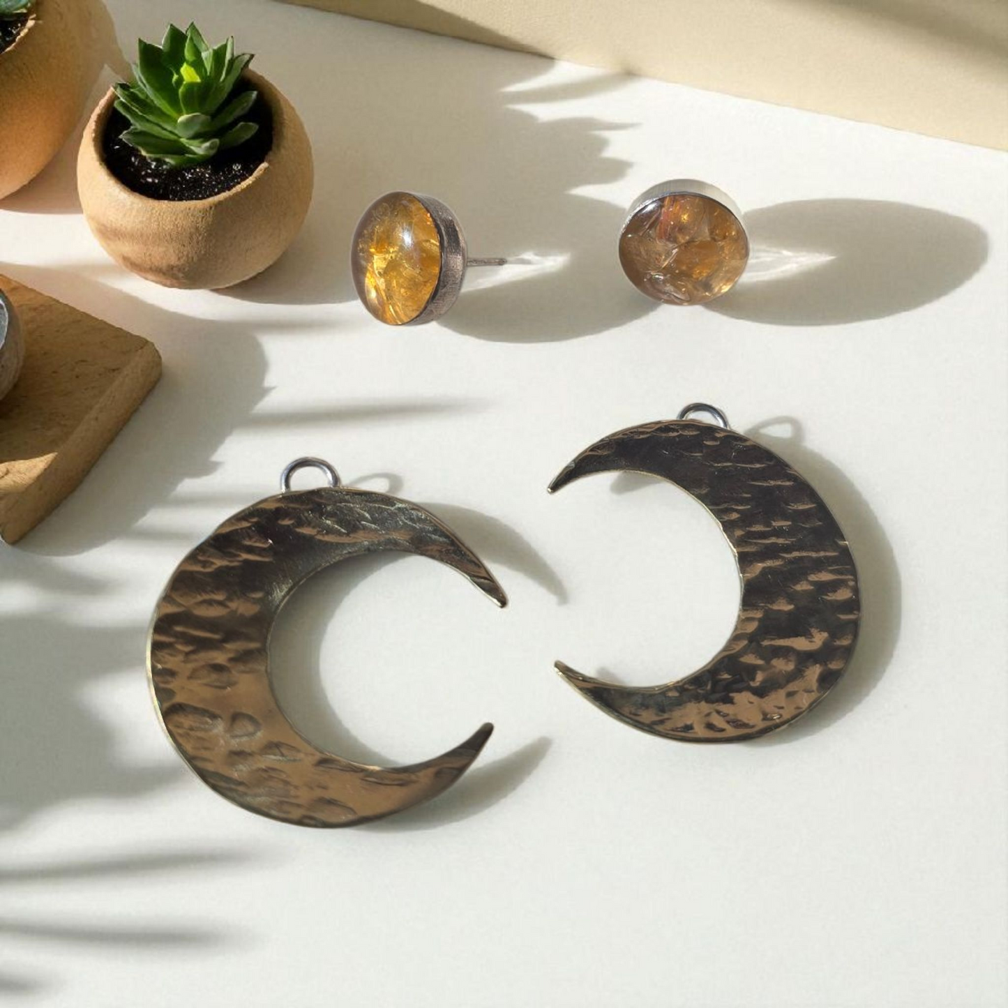 Top Back aros intercambiables GRANDES grande Top Turmalina en plata y Back Luna en Bronce