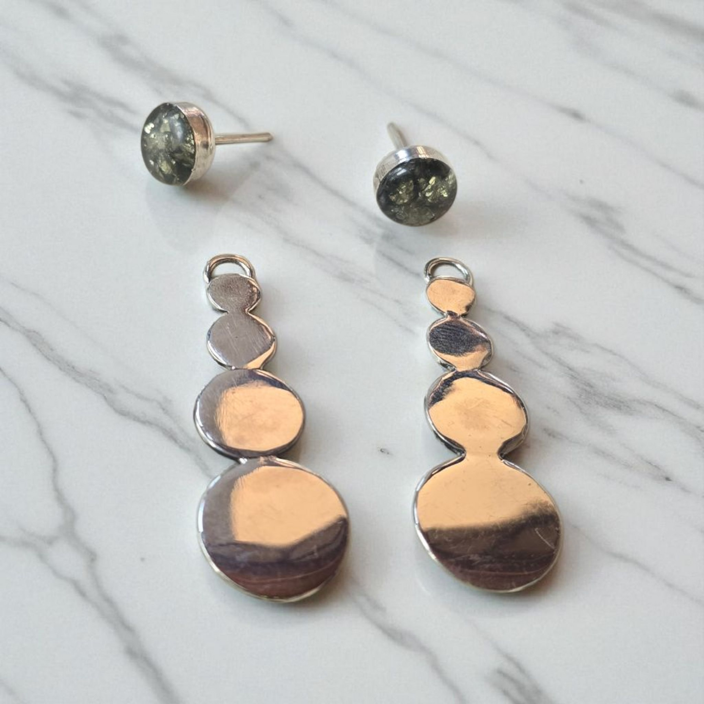 Top Back aros intercambiables GRANDES Top pequeño Pirita, Back Planetas de plata 950