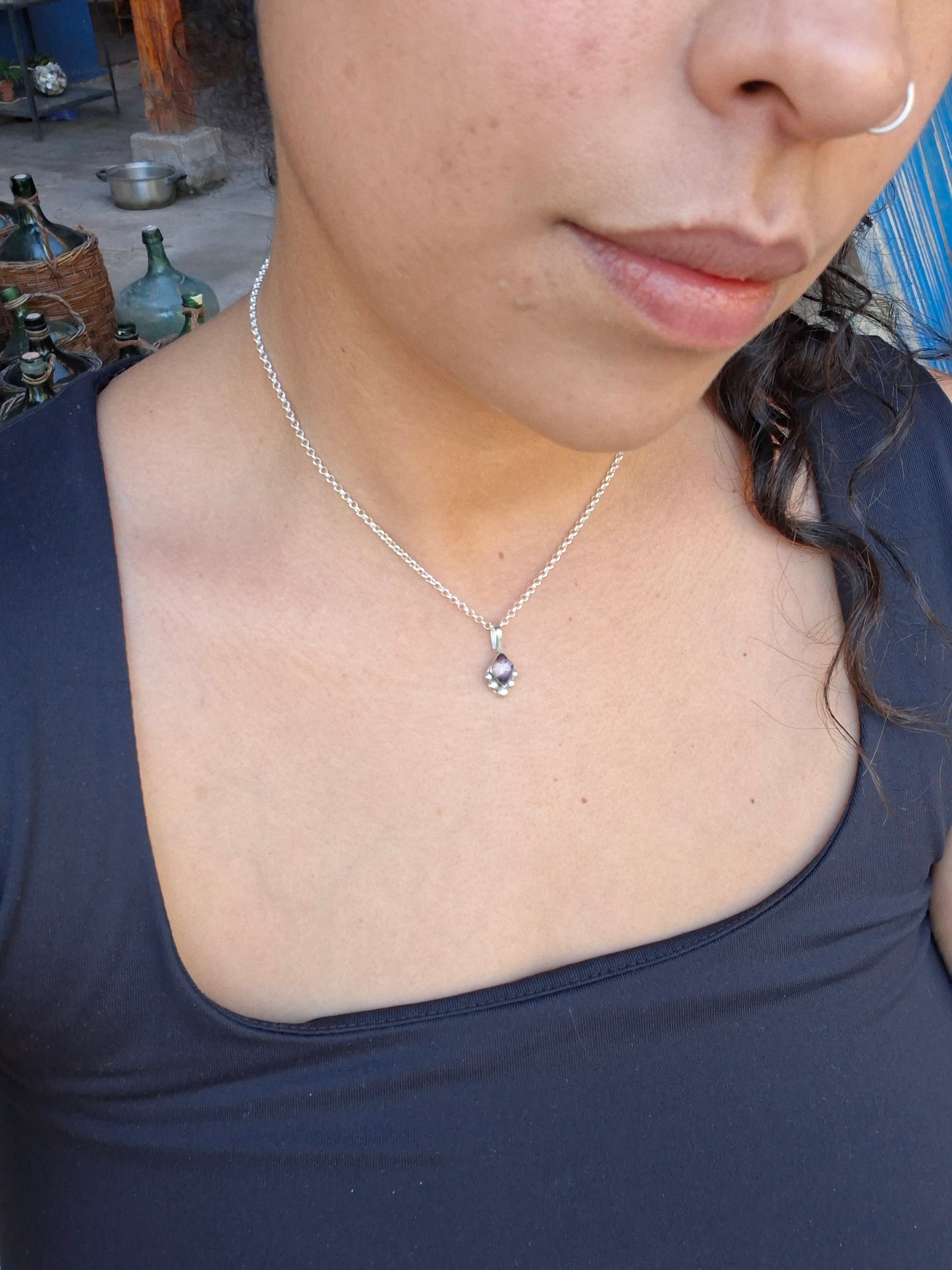 Colgante diamante y puntos amatista encapsulada y plata 950